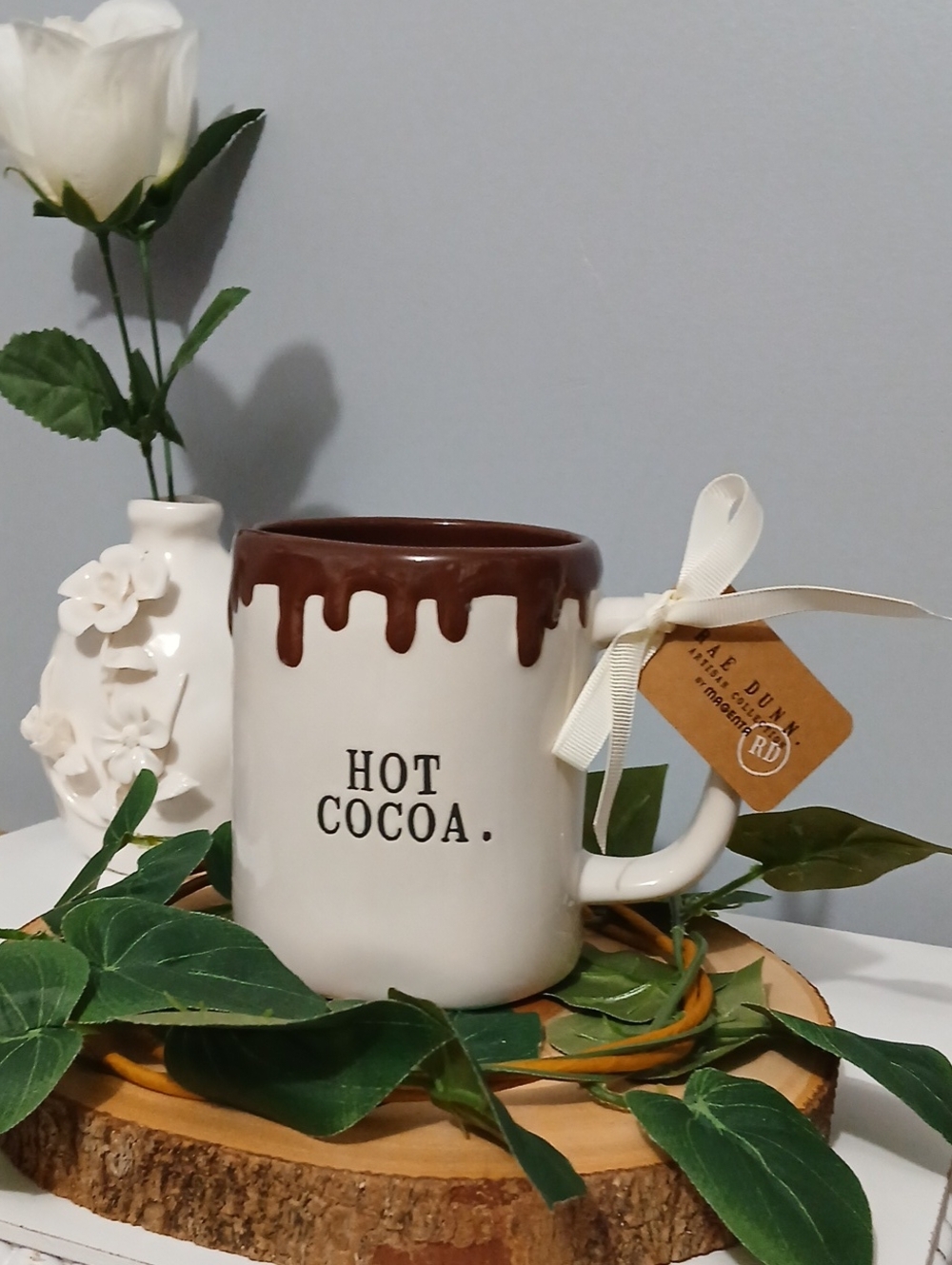 New!! Rae Dunn White Ceramic Mug with Brown Drip - HOT COCOA. NWT